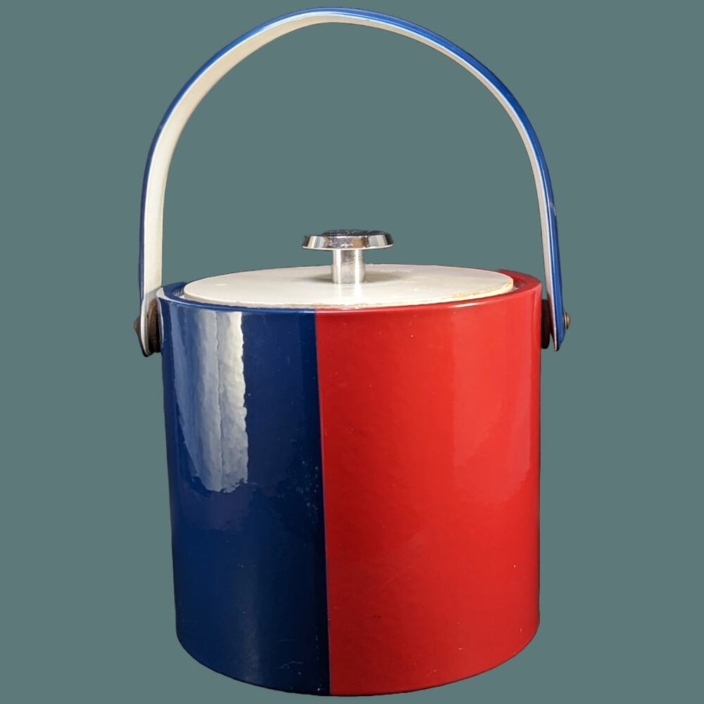 Vintage 1960s Hi-Gloss Vinyl Ice Bucket in Red, Blue & White